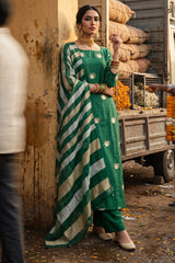 Green Chiniya Silk Salwar Suit with Tiger Motifs and Tissue Dupatta