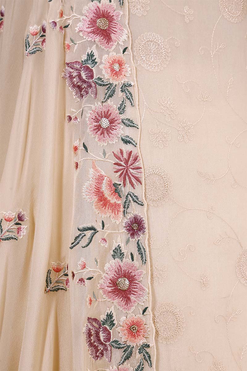 White Crepe Silk Salwar Suit Set with Floral Dupatta