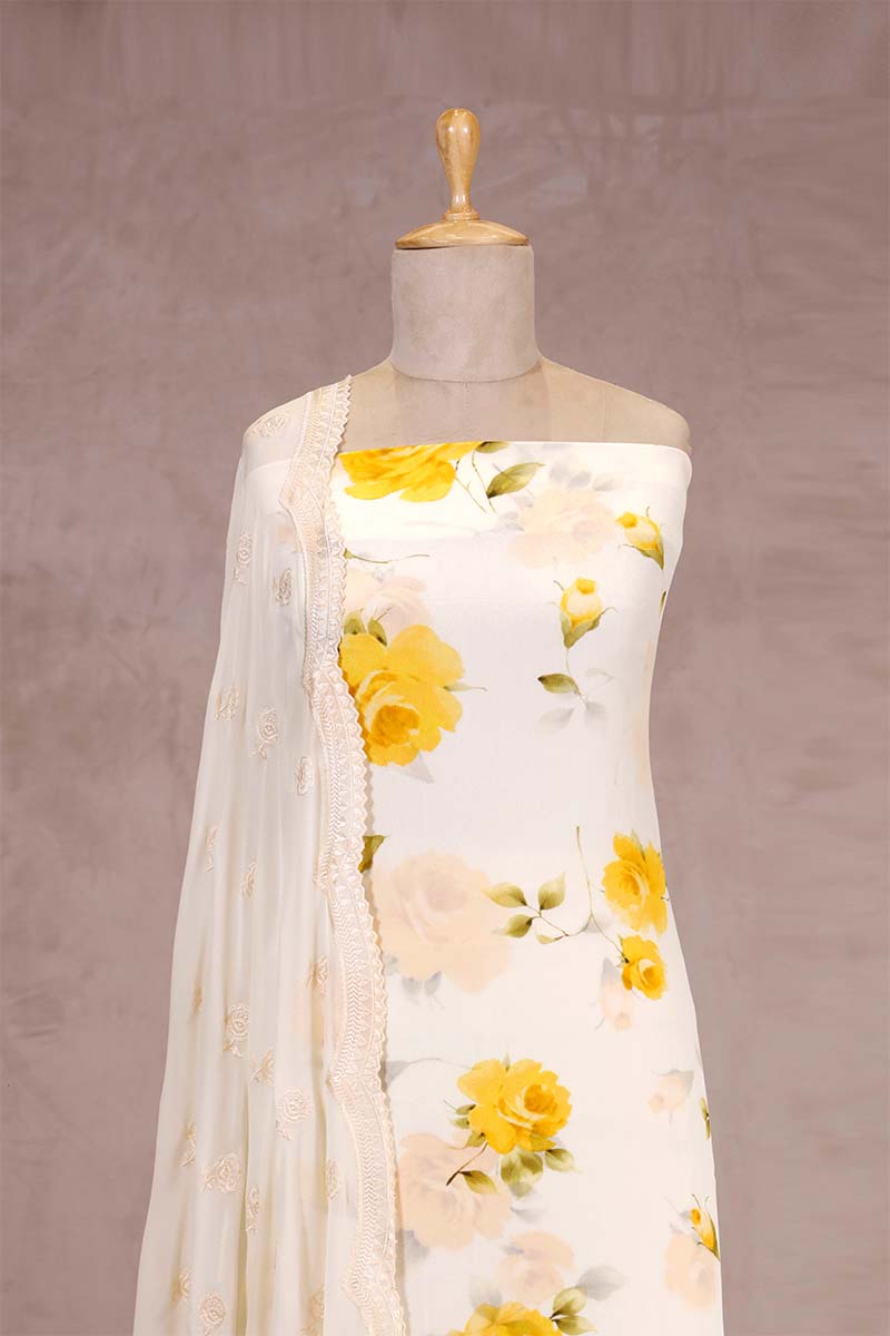 White Chiffon Salwar Suit Set with Floral Prints