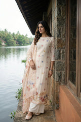 Snow White Organza Silk Salwar Suit Set with Floral Motifs
