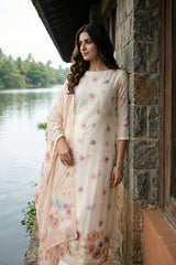 Snow White Organza Silk Salwar Suit Set with Floral Motifs