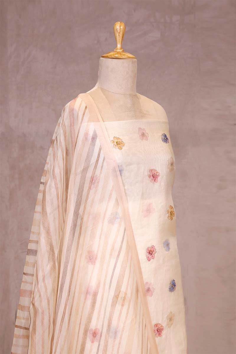 Snow White Organza Silk Salwar Suit Set with Floral Motifs