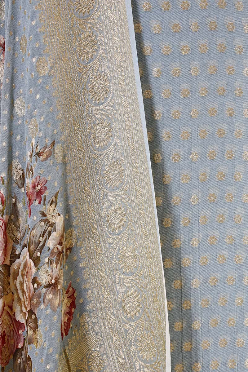 Powder Blue Banarasi Suit Set with Printed Dupatta