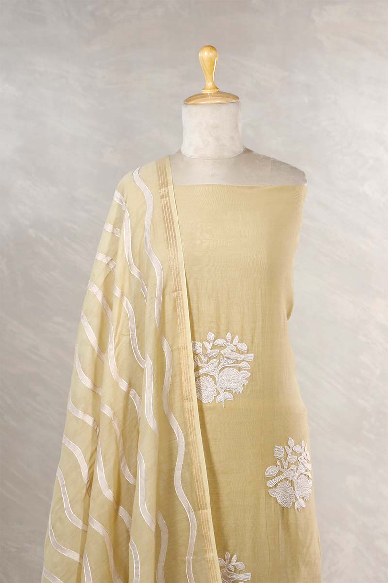 Light Yellow Mulmul Cotton Salwar Suit with Bird Appliqué Work