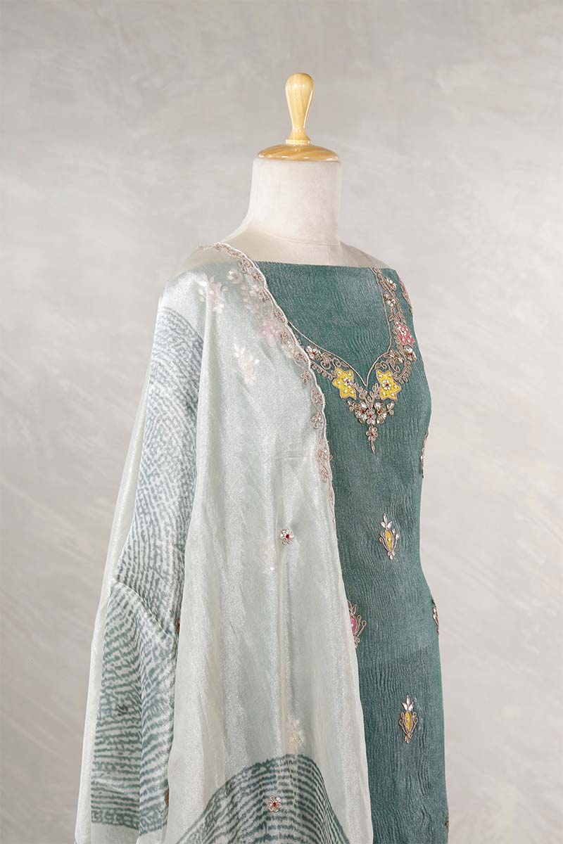 Teal Blue Tissue Silk Salwar Suit with Floral Motifs