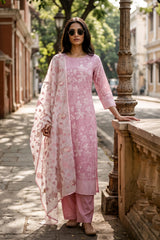 Baby Pink Mulmul Cotton Salwar Suit with Floral Organza Dupatta