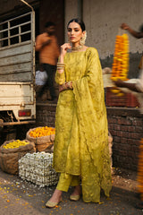 Yellow Organza Silk Salwar Suit with 3D Floral Embroidery