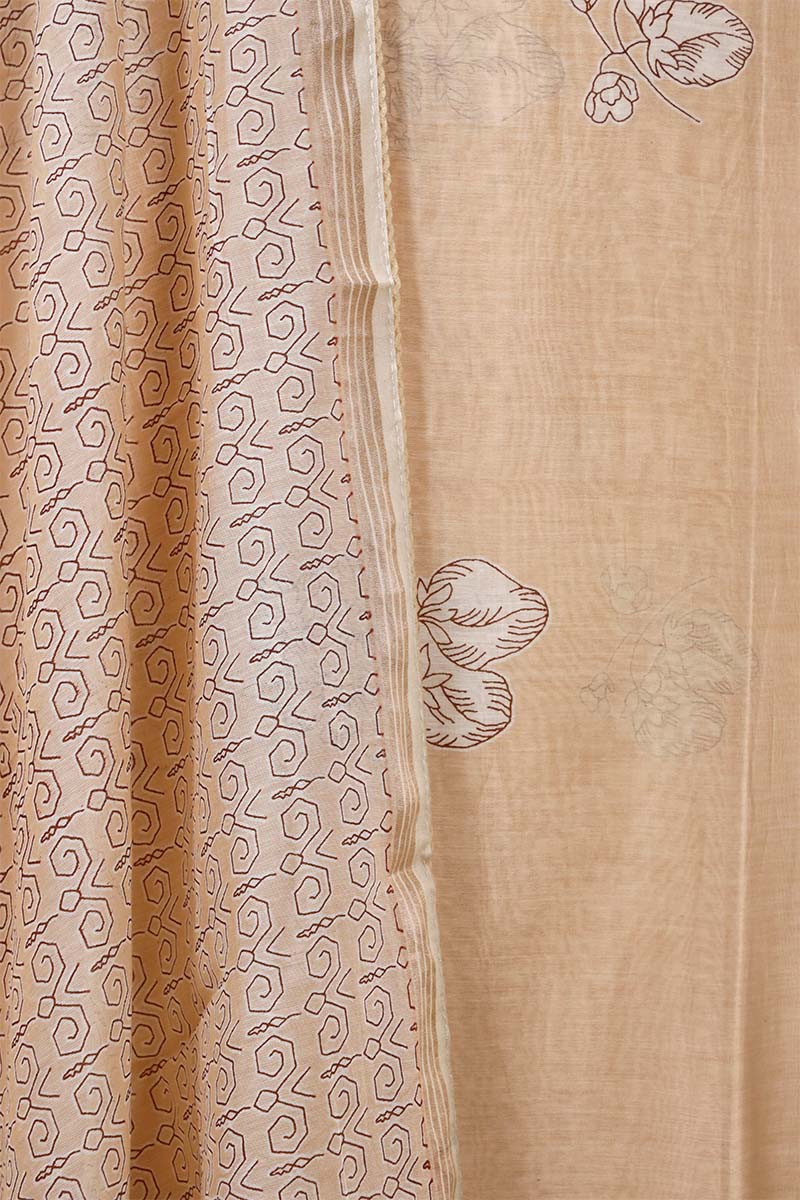 Beige Mulmul Cotton Salwar Suit Set with Block Prints
