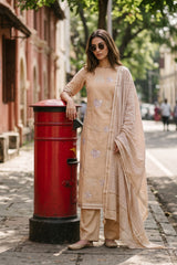 Beige Mulmul Cotton Salwar Suit Set with Block Prints