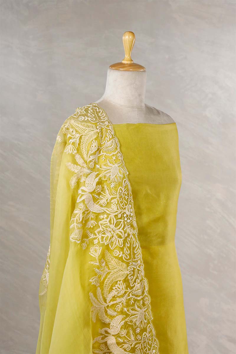 Yellow Organza Silk Salwar Suit with Floral Birds Embroidery