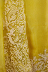 Yellow Organza Silk Salwar Suit with Floral Birds Embroidery