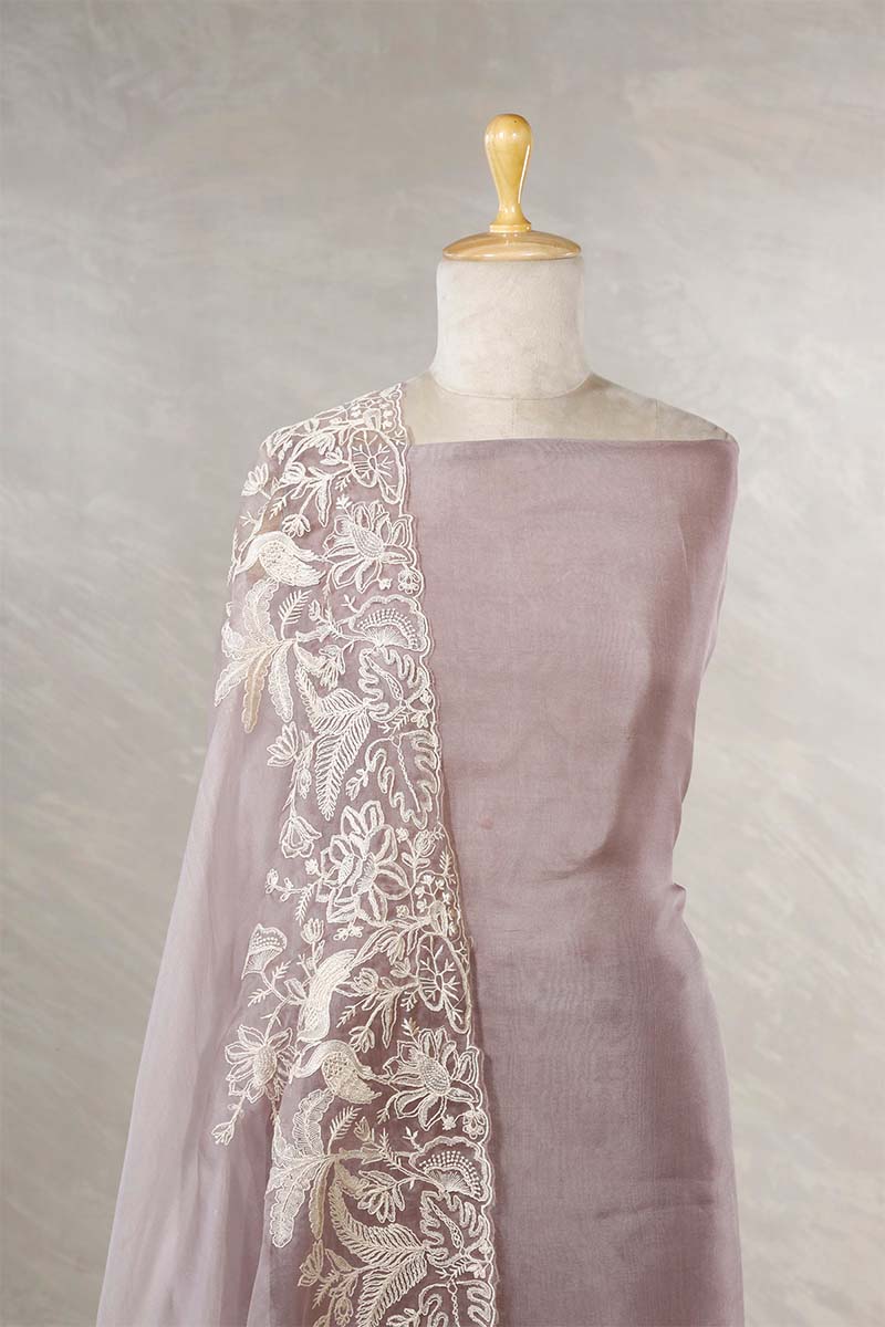 Mauve Organza Silk Salwar Suit with Floral Birds Embroidery
