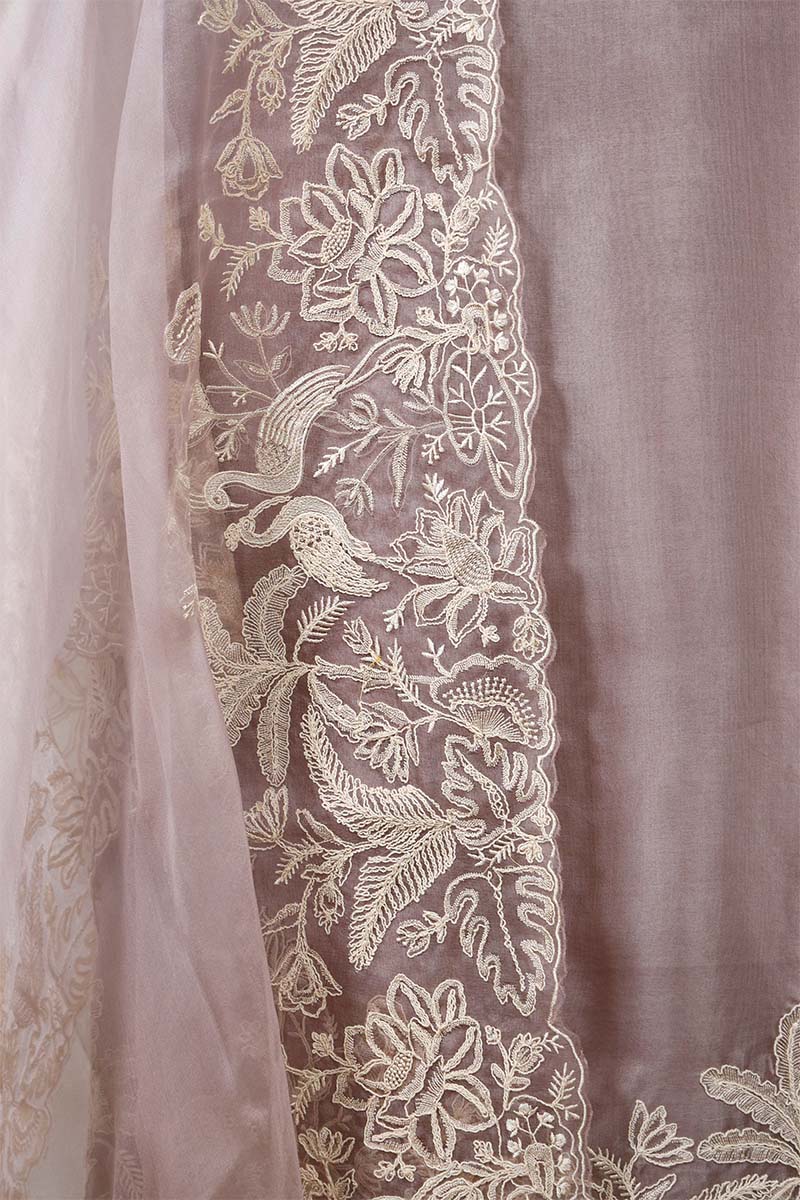 Mauve Organza Silk Salwar Suit with Floral Birds Embroidery