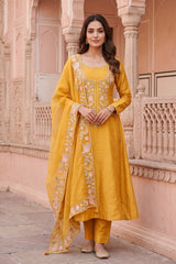 women in Yellow Organza Silk Salwar Suit with Designer Neckline
