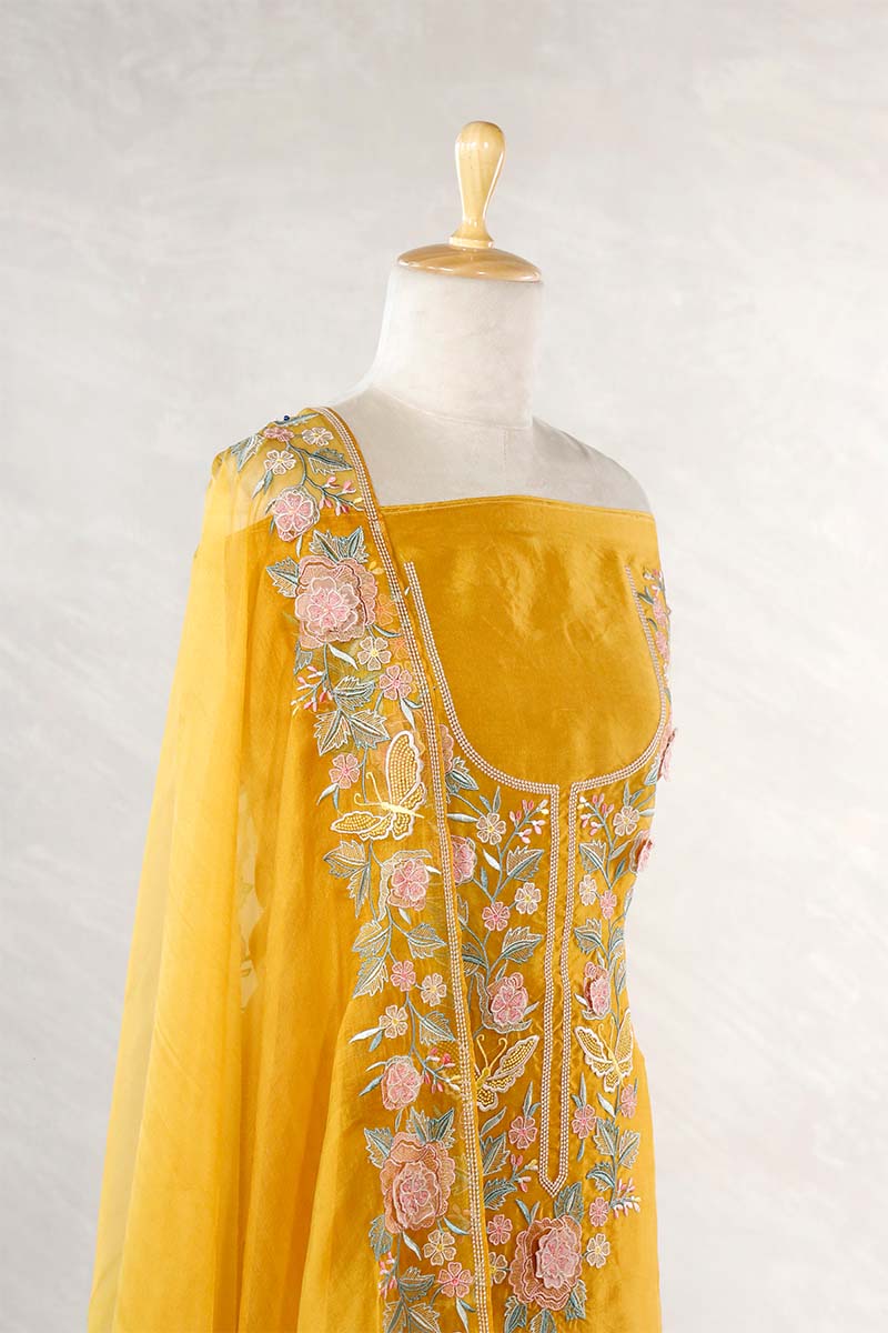 Yellow Organza Silk Salwar Suit with Designer Neckline