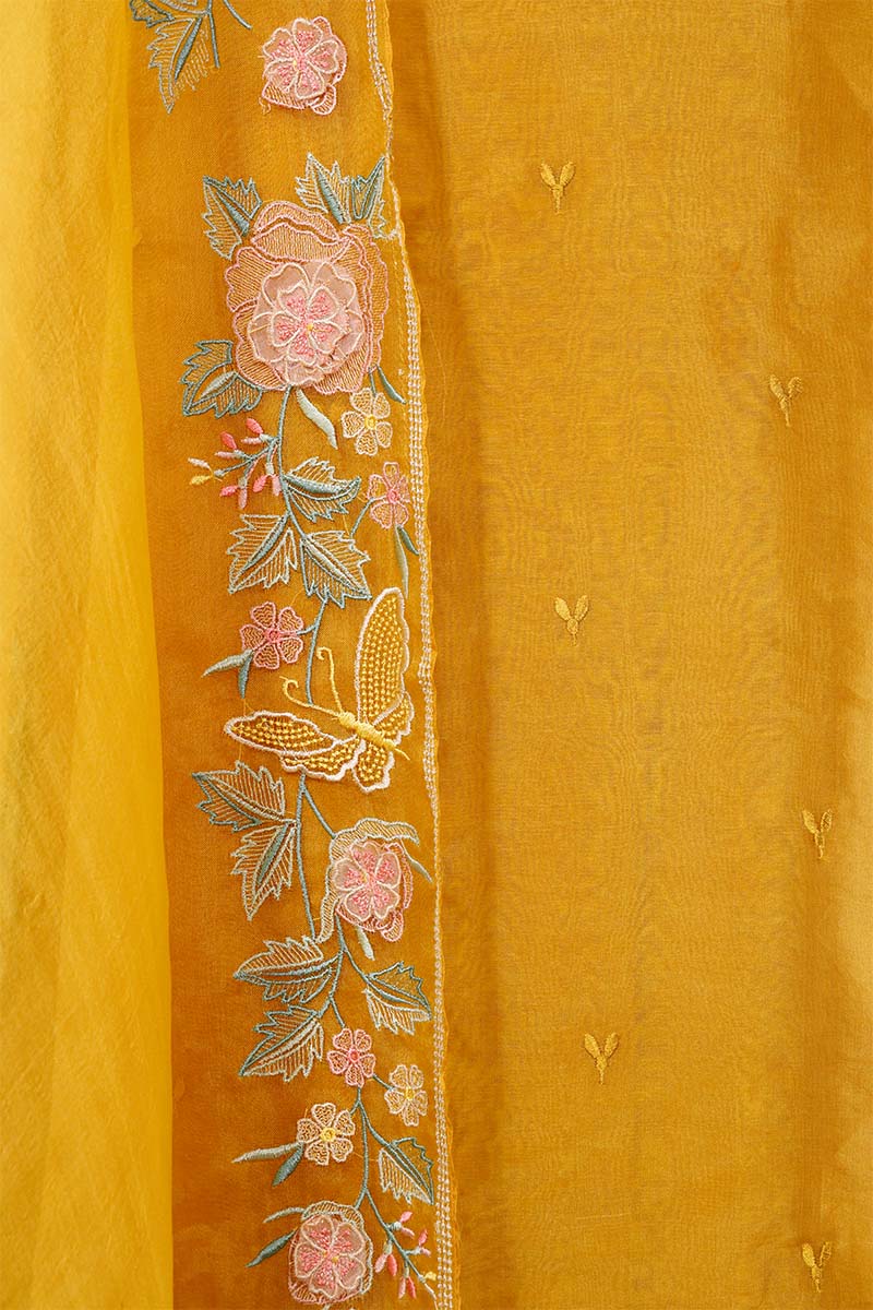 Yellow Organza Silk Salwar Suit with Designer Neckline