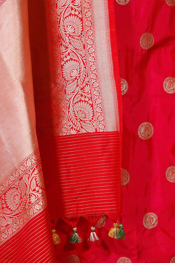 Red Banarasi Katan Silk Salwar Suit with Gold Zari Mayur Motifs