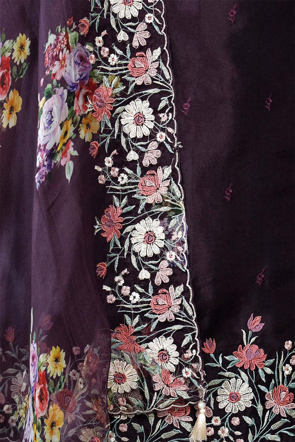 Wine Organza Silk Salwar Suit with Floral Print Dupatta