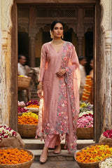 Pink Tissue Silk Salwar Suit Set with Scalloped Floral Dupatta