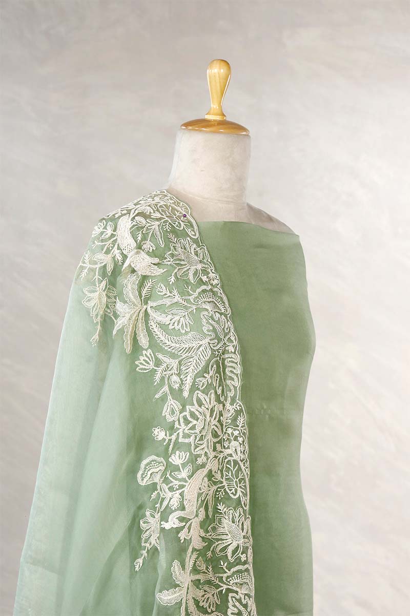 Sage Green Organza Silk Salwar Suit with Floral Birds Embroidery
