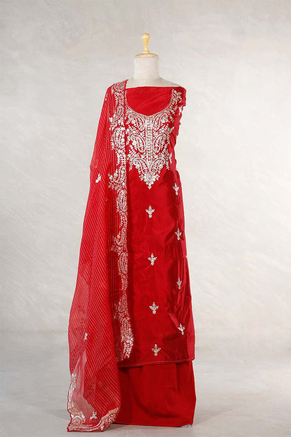Red Dupion Silk Salwar Suit with Designer Neckline Embellishments