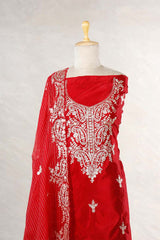 Red Dupion Silk Salwar Suit with Designer Neckline Embellishments