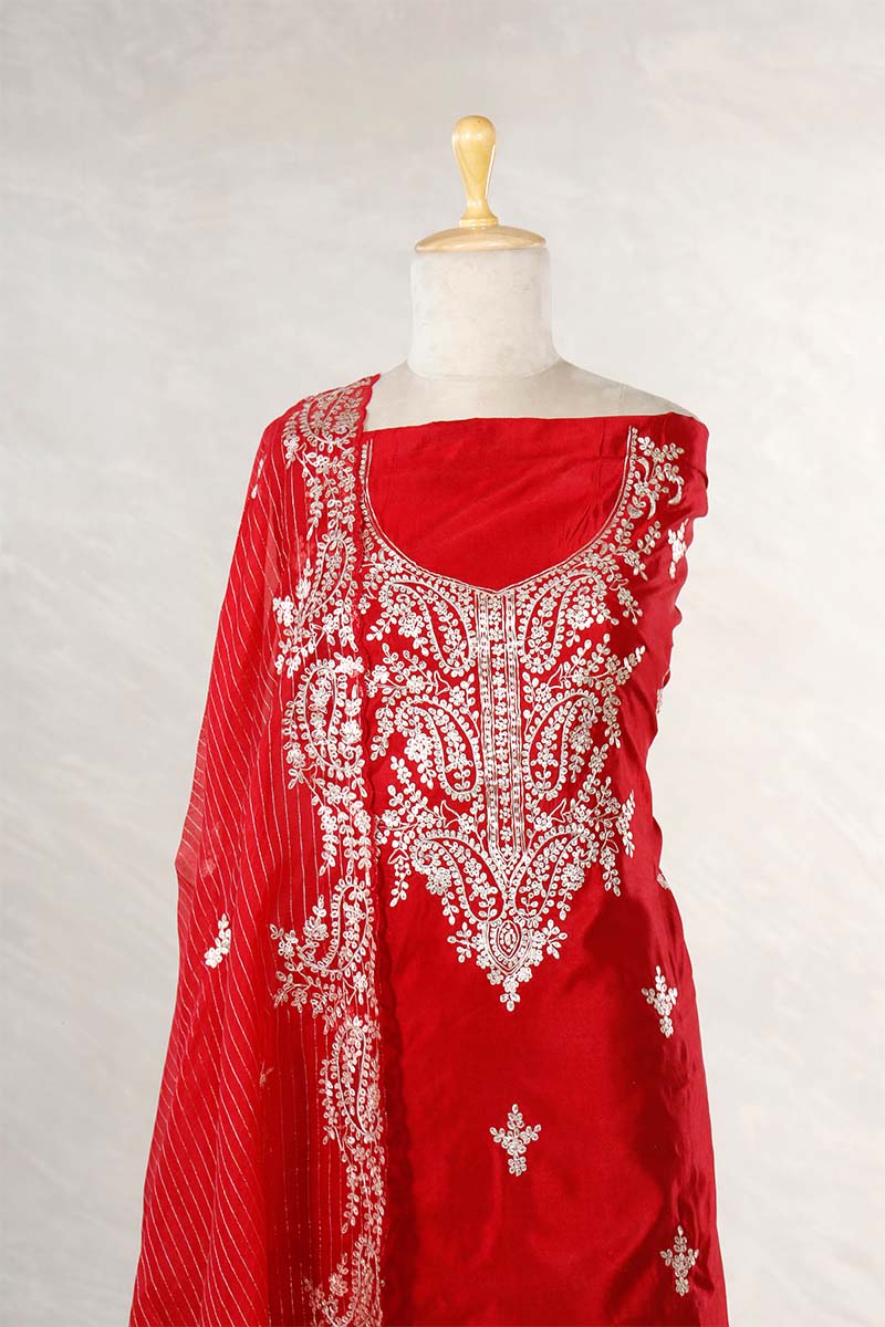 Red Dupion Silk Salwar Suit with Designer Neckline Embellishments