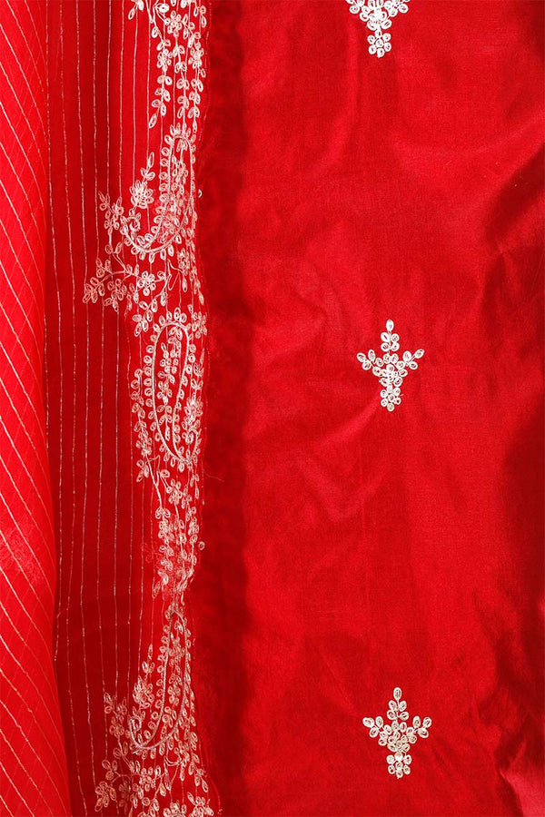 Red Dupion Silk Salwar Suit with Designer Neckline Embellishments