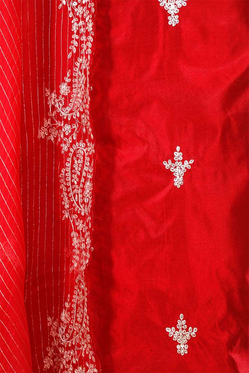 Red Dupion Silk Salwar Suit with Designer Neckline Embellishments