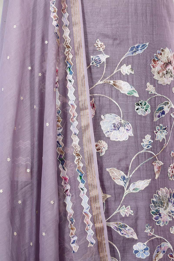 Lilac Mulmul Cotton Salwar Suit with Floral Appliqué Work