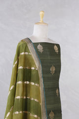 Green Handloom Tussar Silk Dress Material with Rangkat Organza Dupatta