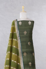 Green Handloom Tussar Silk Dress Material with Rangkat Organza Dupatta