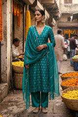 Rama Green Katan Silk Salwar Suit with with mayur motif