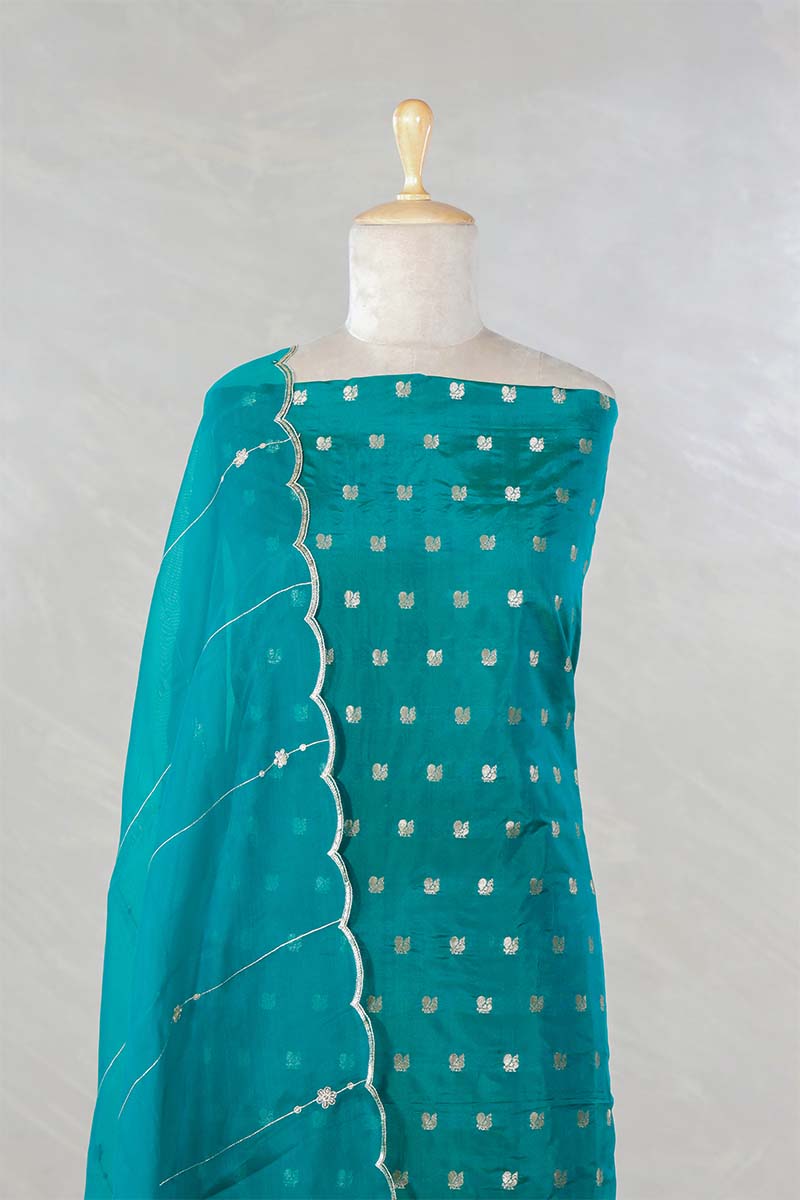 Rama Green Katan Silk Salwar Suit with with mayur motif