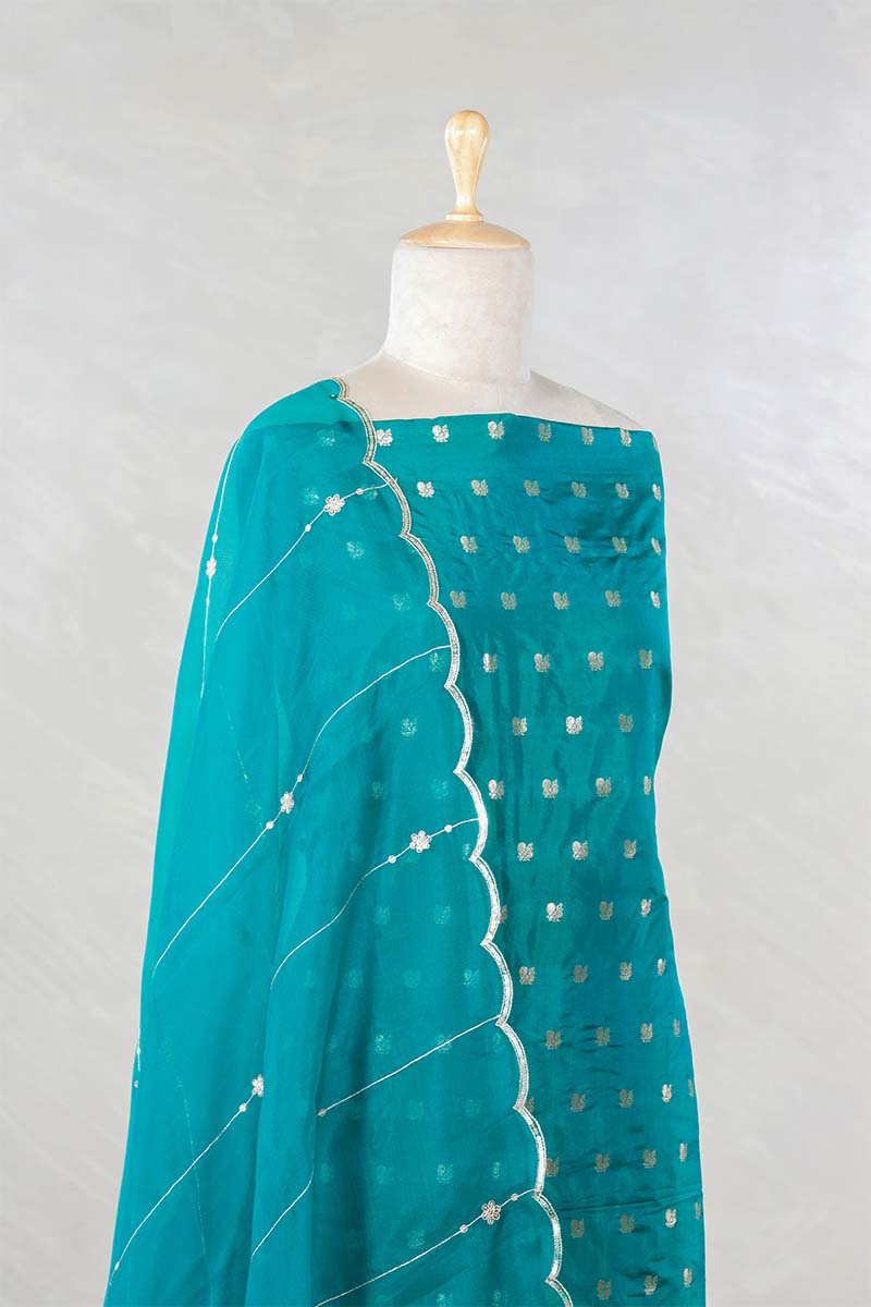 Rama Green Katan Silk Salwar Suit with with mayur motif