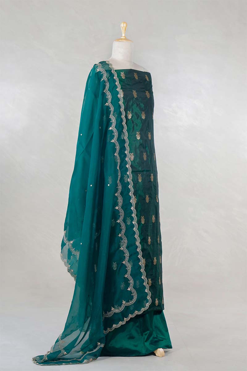 Bottle Green Katan Silk Salwar Suit with with mayur motif