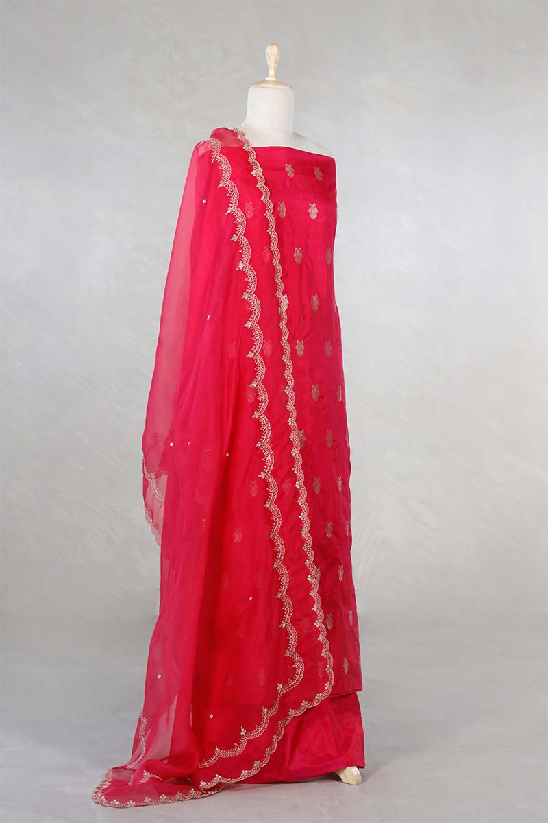 Red Katan Silk Salwar Suit with with mayur motif