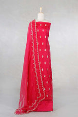 Red Katan Silk Salwar Suit with with mayur motif