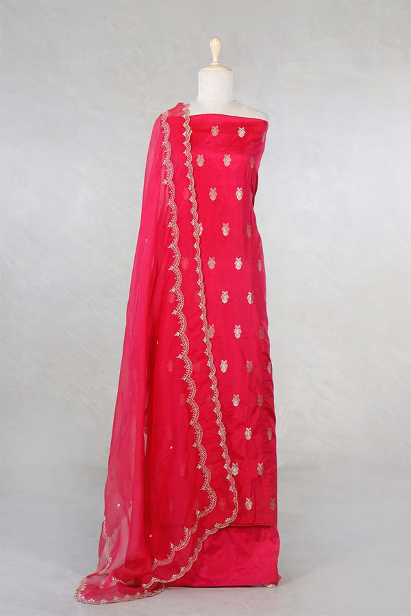 Red Katan Silk Salwar Suit with with mayur motif