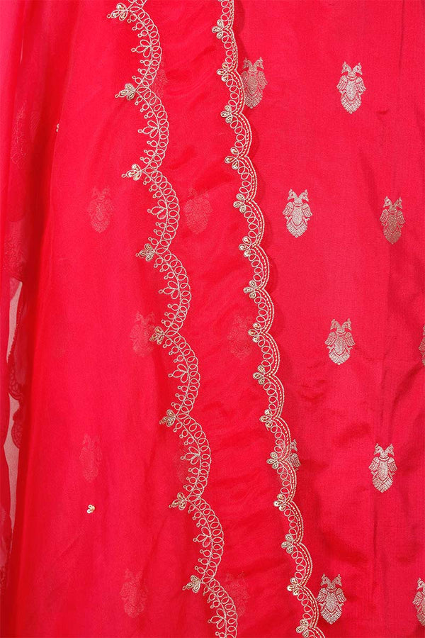 Red Katan Silk Salwar Suit with with mayur motif