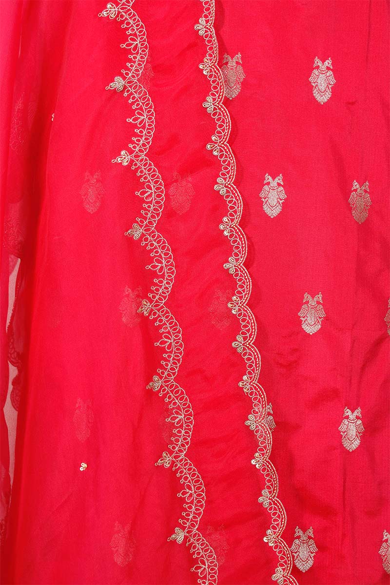 Red Katan Silk Salwar Suit with with mayur motif