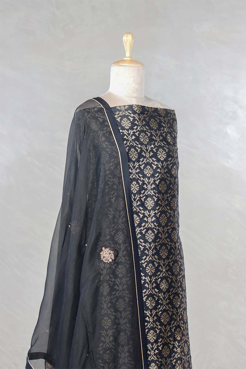 Black Banarasi Salwar Suit with Embellished Organza Dupatta