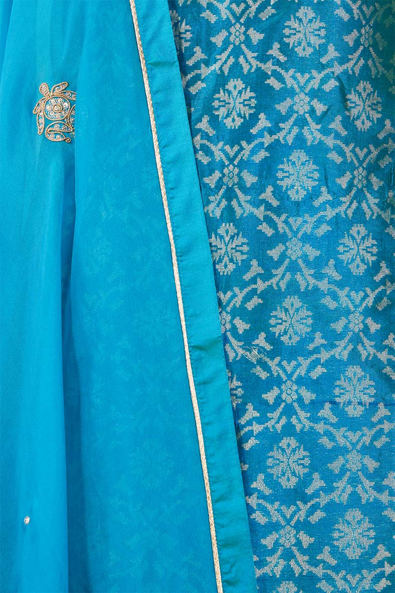 Blue Banarasi Salwar Suit with Embellished Organza Dupatta