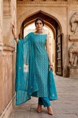 Blue Banarasi Salwar Suit with Embellished Organza Dupatta
