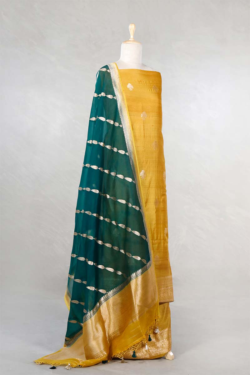 Yellow Handloom Tussar Silk Salwar Suit with Organza Dupatta