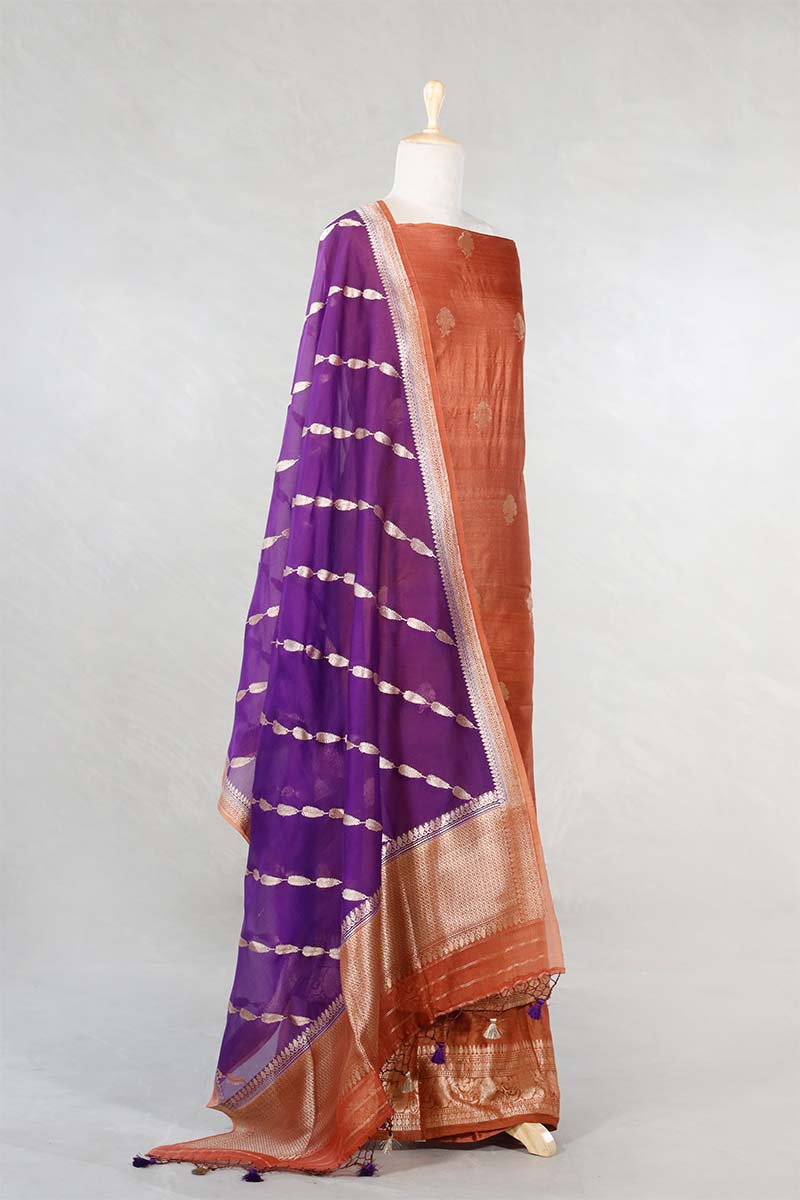 Rust Handloom Tussar Silk Salwar Suit with Organza Dupatta