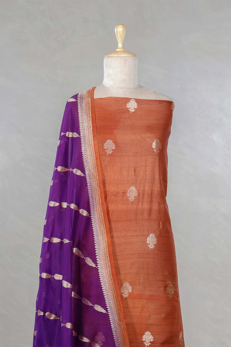 Rust Handloom Tussar Silk Salwar Suit with Organza Dupatta