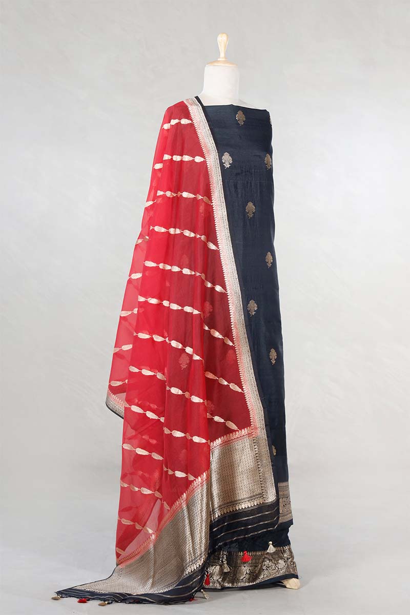 Black  Handloom Tussar Silk Salwar Suit with Organza Dupatta
