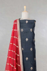 Black  Handloom Tussar Silk Salwar Suit with Organza Dupatta