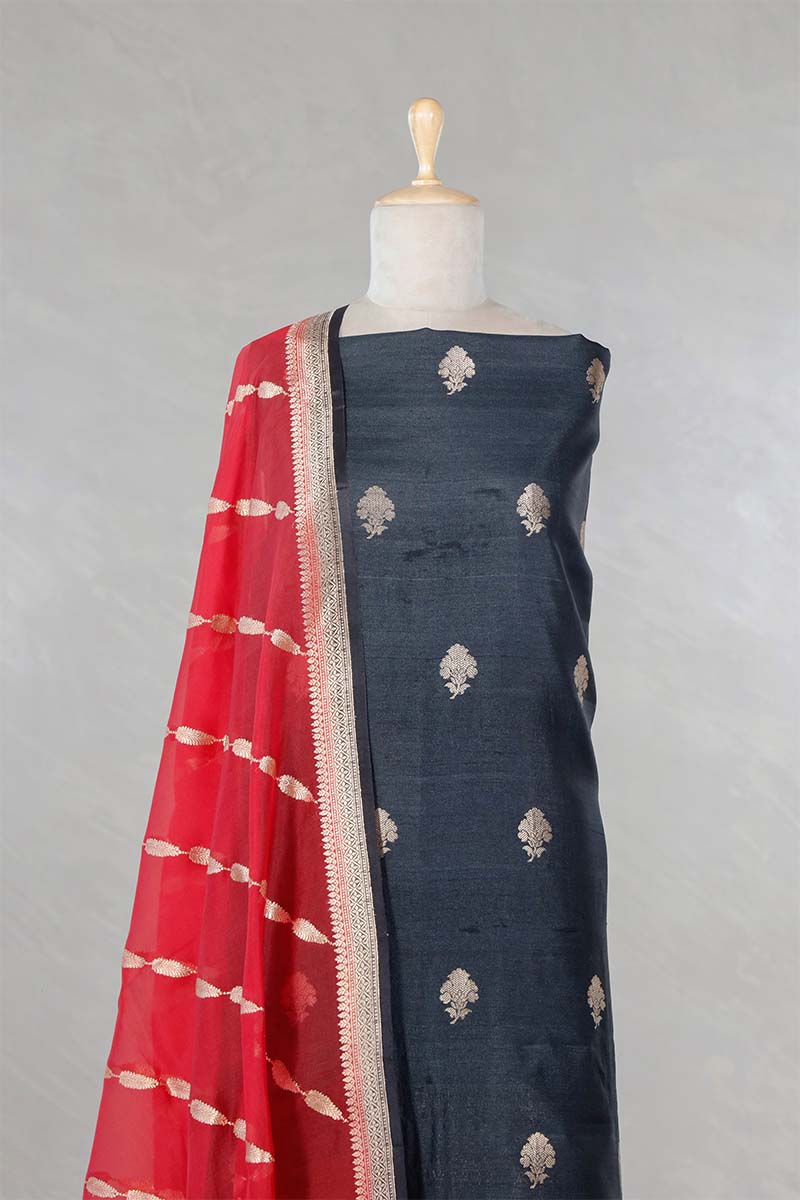 Black  Handloom Tussar Silk Salwar Suit with Organza Dupatta